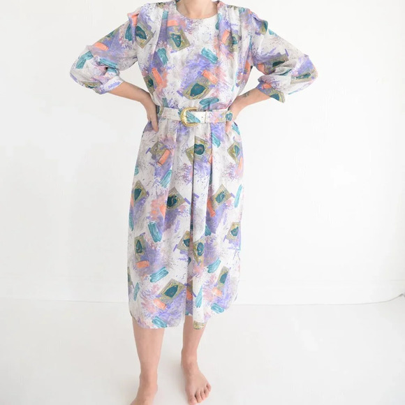 Vintage 90's Leslie Belle White  w Watercolor Abstract Splash Belt Midi Dress 12 - Picture 2 of 15